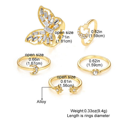 Geometric Joint Alloy Ring Set for Women's Star Moon Diamond Butterfly Ring Set