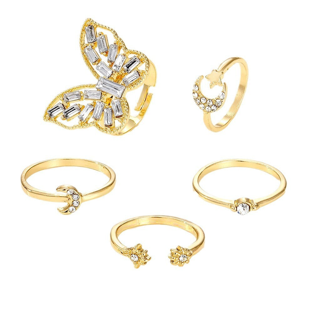 Geometric Joint Alloy Ring Set for Women's Star Moon Diamond Butterfly Ring Set
