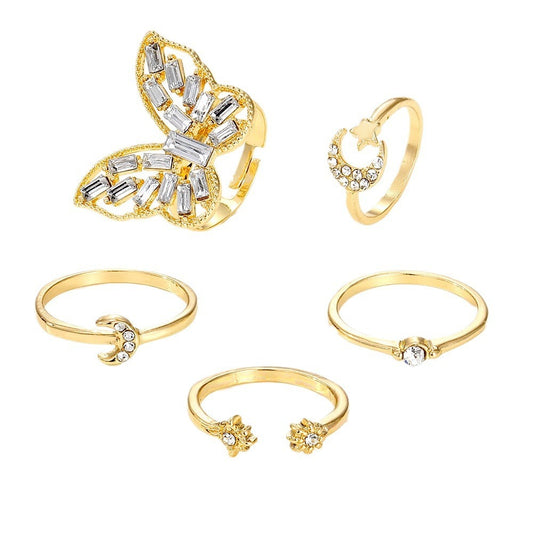 Geometric Joint Alloy Ring Set for Women's Star Moon Diamond Butterfly Ring Set