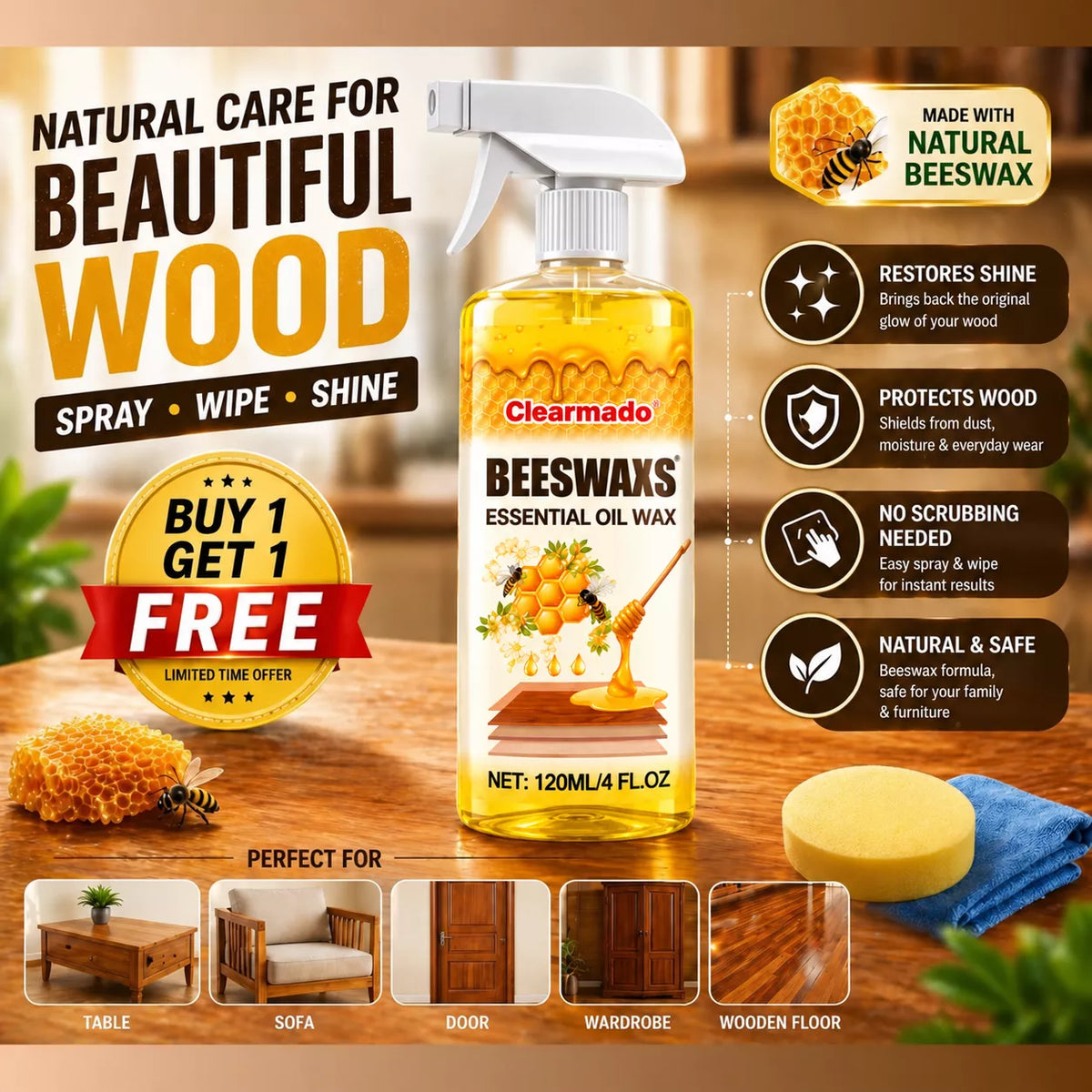 Polishing beeswax agent+ Free Towel and Sponge