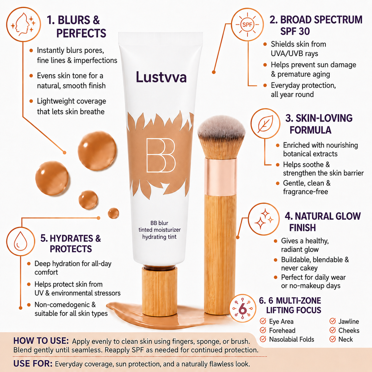 Lustvva™ BB Blur Tinted Moisturizer SPF 30 — Free Round Blending Brush Included